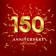 Wall Mural - 150 golden numbers and anniversary celebrating text with golden confetti spread on a red background