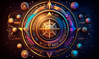 Futuristic zodiac compass background. Magical colorful 3d device with indications of planets and luminaries and mystical writing illuminated by golden rays of sun