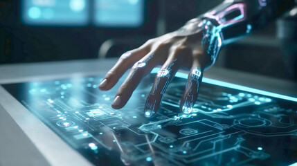 Artificial Intelligence robotic hand touching futuristic big data. AI generative.