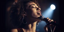 Woman Singer Singing Jazz Song In The Nightclub In Glamorous Lighting. Distinct Generative AI Image.