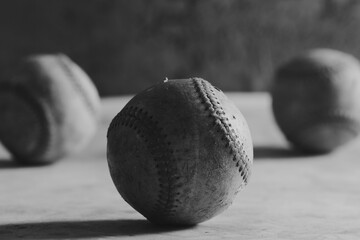 Wall Mural - Group of old used baseball balls in black and white for sport.