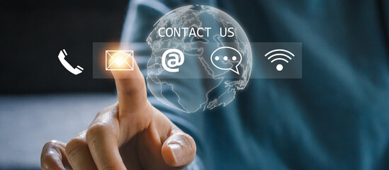 hand of call center touching on screen contact us, email, address, operator, customer, suppor, phone