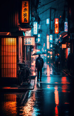 Sticker - Cyberpunk Tokio night city street scene created with Generative AI technology