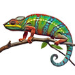 © annaspoka - Green and red colored chameleon lizard reptile animal full body close up on branch. isolated. Generative AI.