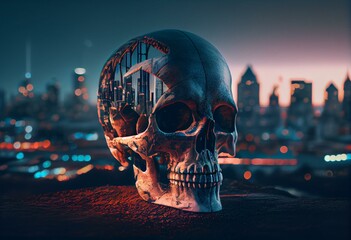 A digital skull on a city background, represents cyber theft and malware. Generative AI