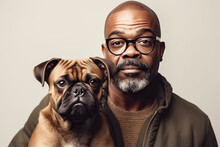 Studio Portrait Of Mature Black Man With His Boxer Puppy Dog.  Generative AI. 