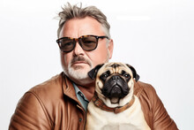 Studio Portrait Of Mature Man And His Pug Dog.  Generative AI. 