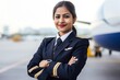 Indian female cabin crew air hostess smiling at the camera, Flight attendant private jet luxury airline, Generative AI