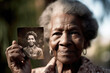 © Trinette Reed - Senior black woman holding up a old photo of herself when she was young.