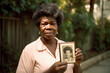 © Trinette Reed - Senior black woman holding up a vintage photo of herself when she was younger. Generative AI.