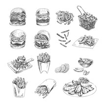 Hand-drawn Sketch Of Burgers, Potato French Fries, Chips  And Potato Slices Set. Vintage Illustration. Element For The Design Of Labels, Packaging And Postcards.