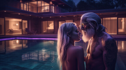 a beautiful couple of people, a man and a young girl are relaxing in the pool of their penthouse. Romantic retreat of a rich grandfather with his wife on a summer evening. Generative AI.