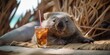 wombat is on summer vacation at seaside resort and relaxing on summer beach