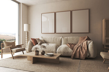 home interior design in japanese style with large window, armchair and coffee table. wall mockup in 