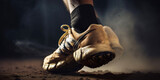 Fototapeta Sport - Low angle closeup to athlete feet wearing sports shoes, movement action, AI generative image