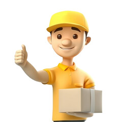 3d icon cute. Smiling cartoon man in uniform standing with parcel, boxes, delivery, transportation, transportation to customer, Parcel delivery and postal service concept character isolated background