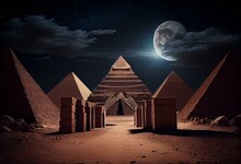 A Nighttime Desert View Of An Egyptian Pharaoh Tomb With Pyramids In The Distance. Generative AI