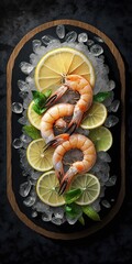Wall Mural - On a natural stone table, a wooden platter of tasty shrimp is garnished with ice cubes and lemon slices. Generative AI