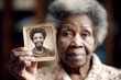 © Trinette Reed - Senior black woman holding up a old photo of herself when she was young. Generative AI.