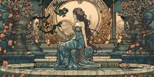 Art Nouveau Print Of A Young Woman Sitting On A Bench - Generative Ai