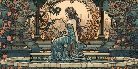 Wall Mural - Art Nouveau print of a young woman sitting on a bench - generative ai