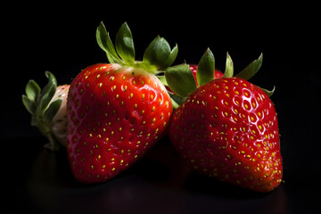 Two fresh ripe strawberries on a dark background, closeup, generative AI