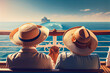 Cruise, sea view. A man and a woman, a family young couple of tourists in straw sombrero hats, view from the back, admire the landscape. Generated by artificial intelligence.
