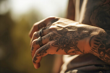 Close up of hand of tattooed man. Generative AI illustration