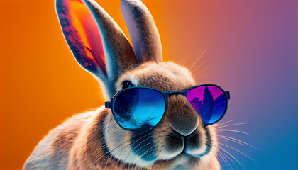 cool bunny with sunglasses on colorful backgroundcreated with generative ai technology