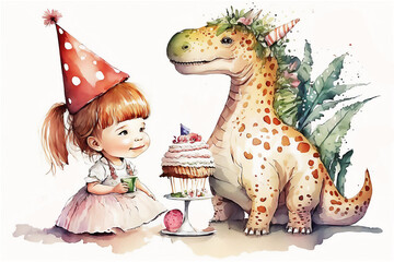 baby girl and dinosaur celebrating birthday with birthday cake, balloons on white background. happy 