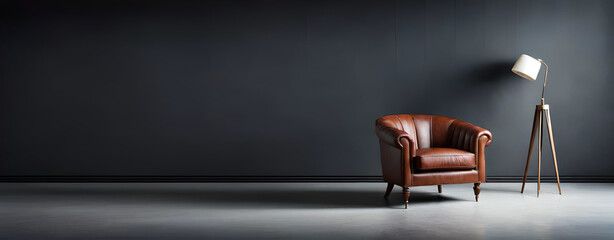 A beautiful and stylish brown leather armchair in front of a dark grey empty wall | Interior design of a modern and luxurious living room with wooden floor | Generative Ai | Indoor Décor | Banner