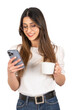portrait of young girl using smartphone for online shopping. Portrait of smiling woman using her mobile phone and holding cup of coffee. Isolated white background. Digital payment. Transparent, png.