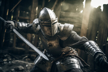 Brave knight in full steel armor in battle, holding a sword - Generative AI