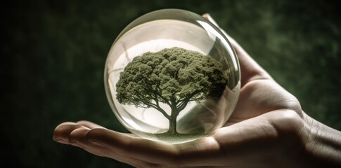 A hand is holding a tree globe in a hand. Generative AI.