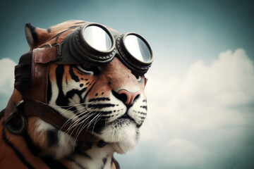 noble tiger wearing a pilot's helmet and goggles, animal banner with empty space for text (created with Generative AI)