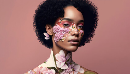 Black fashion model woman covered with flowers on a pink background, Generative AI skin care or vitiligo skin concept