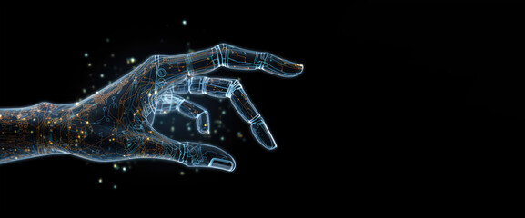 digital hand hologram on dark background with copy space. neural network connection. communication w