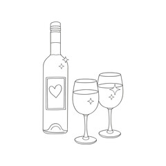 St Valentine Day bottle of sparkling wine champagne and two glasses vector illustration isolated on white. Line art Love fizzy spirit for romantic evening print for 14 February holiday.