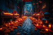 Stone path lined with orange marigold flowers, candles. Day of the Dead cemetery at night, Mexico. Generative AI