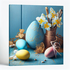 exciting easter decoration: colorful eggs in a woven basket on a bright day
