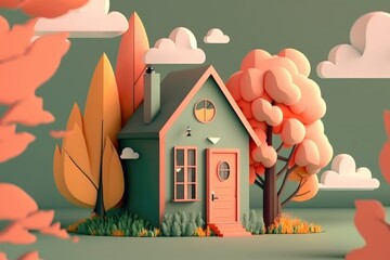 Wall Mural - House in the autumn forest. 3d illustration