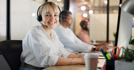 Wall Mural - Call center, telemarketing and woman on computer for customer service, consultant and business crm in office. Sales, support and contact us on desktop, telecom consulting and microphone communication