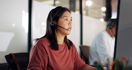 Aufkleber - Call center, woman and phone call, contact us with CRM, customer service or telemarketing sales, conversation and technology. Communication, headset and female call centre employee, help and computer
