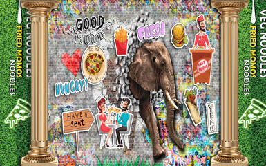 elephant breaking wall burger and pizza poster illustration