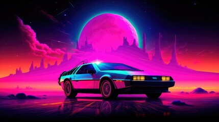 Illustration of a retro sports car of the 1980s at the Egyptian pyramids. Retro-futuristic landscape. Generative AI