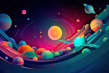 Wall Mural - abstract space background with planets and solar system from colored paper. generative ai