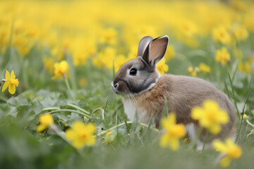 Cute bunny sitting on green field, spring meadow with yellow narcissus flowers, nature background. Easter concept with rabbit. AI generated.