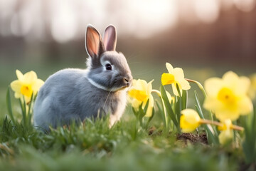 Cute bunny sitting on green field, spring meadow with yellow narcissus flowers, nature background. Easter concept with rabbit. AI generated.