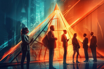 Wall Mural - diverse multicultural group of business people meeting, teambuilding concept for efficient collaboration, Painterly futuristic illustration, generative AI