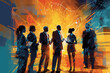 © Christian - diverse multicultural group of business people meeting, teambuilding concept for efficient collaboration, Painterly futuristic illustration, generative AI